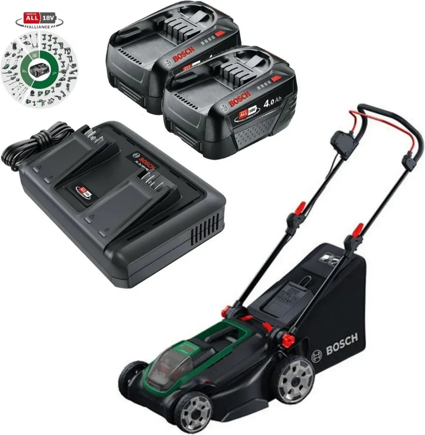 Bosch Tondeuse Sans Fil 18V ROTAK2-43, 43 cm, Hauteur 30-75 mm, Sac 40L, Paillage, 2 Batteries et Chargeur