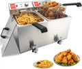 Friteuse Électrique Professionnelle à Double Cuve 3300W, Capacité 26L, Acier Inoxydable, avec Vidange, Panier et Couvercle, Pour Restaurants et Usage Commercial
