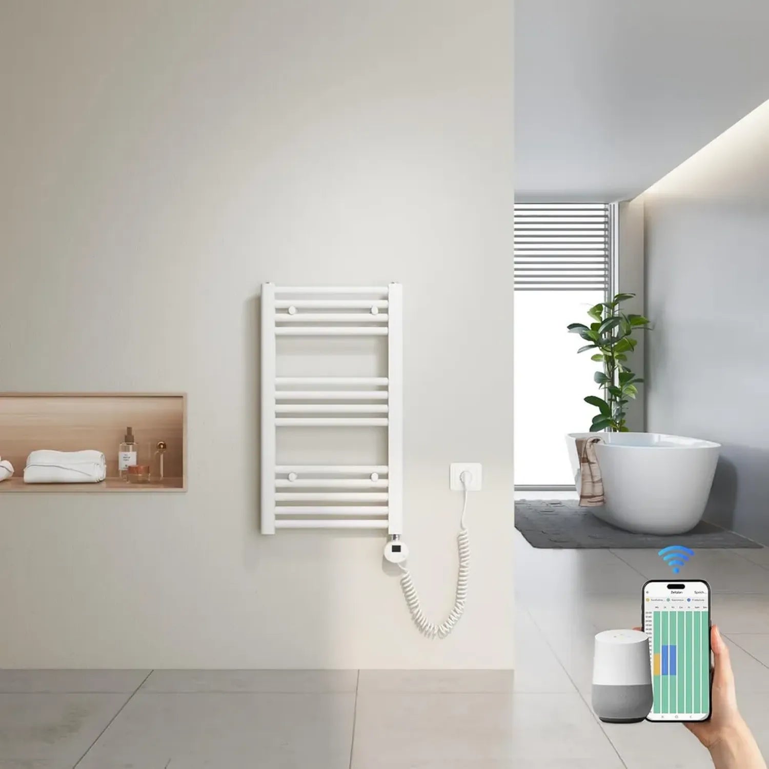 Radiateur Sèche-Serviettes Connecté 70x40cm WiFi, Thermostat Intégré, Blanc 300W, Compatible Tuya et Assistants Vocaux, 4 Modes