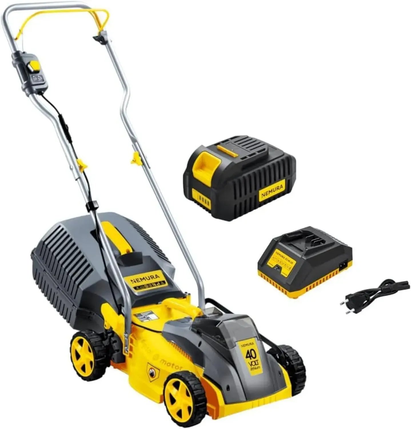Tondeuse à Gazon Sans Fil 40V Nemura, Hauteurs Ajustables, Réservoir 30L, 3500 RPM, Coupe 32cm, Moteur Brushless, Batterie 4Ah et Chargeur Inclus