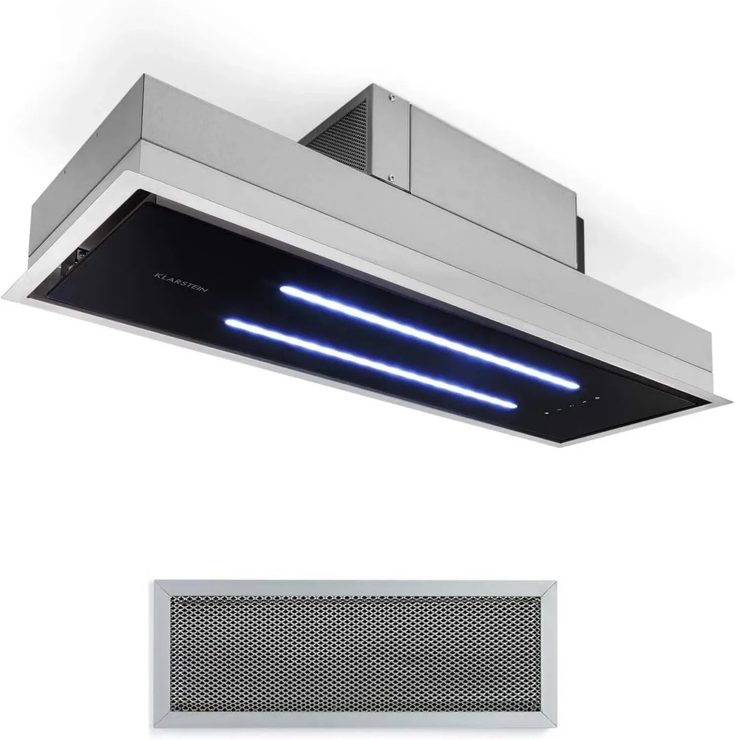 Klarstein Hotte de Plafond Éclairage LED, 77 cm, 410 m³/h, 3 Vitesses, Télécommande, Acier Inox/Verre Noir
