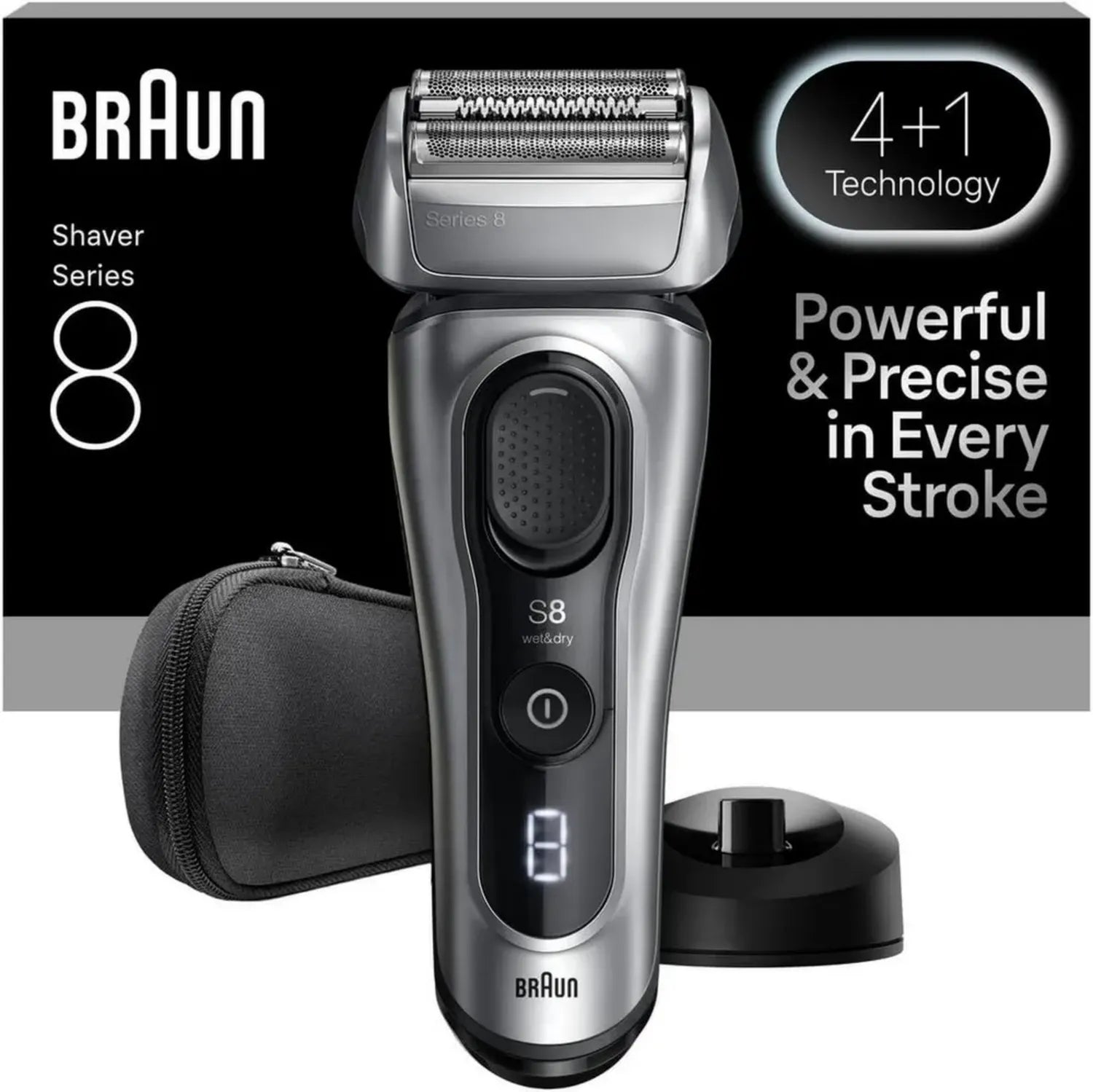 Rasoir Électrique Homme Braun Series 8, Tête Précise 4+1, Adaptation SensoAdapt, 60 min Autonomie, Support de Charge, Utilisation Humide et Sèche
