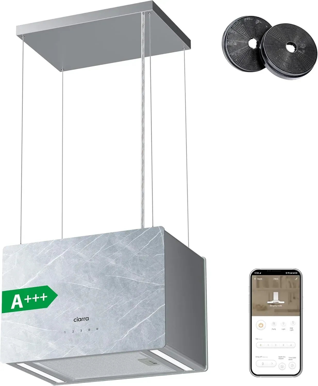 Hotte Îlot Ciarra 700 m³/h - A+++ - 3 Vitesses avec Boost - Contrôle Tactile et Wi-Fi - Verre Marbré - 48 cm
