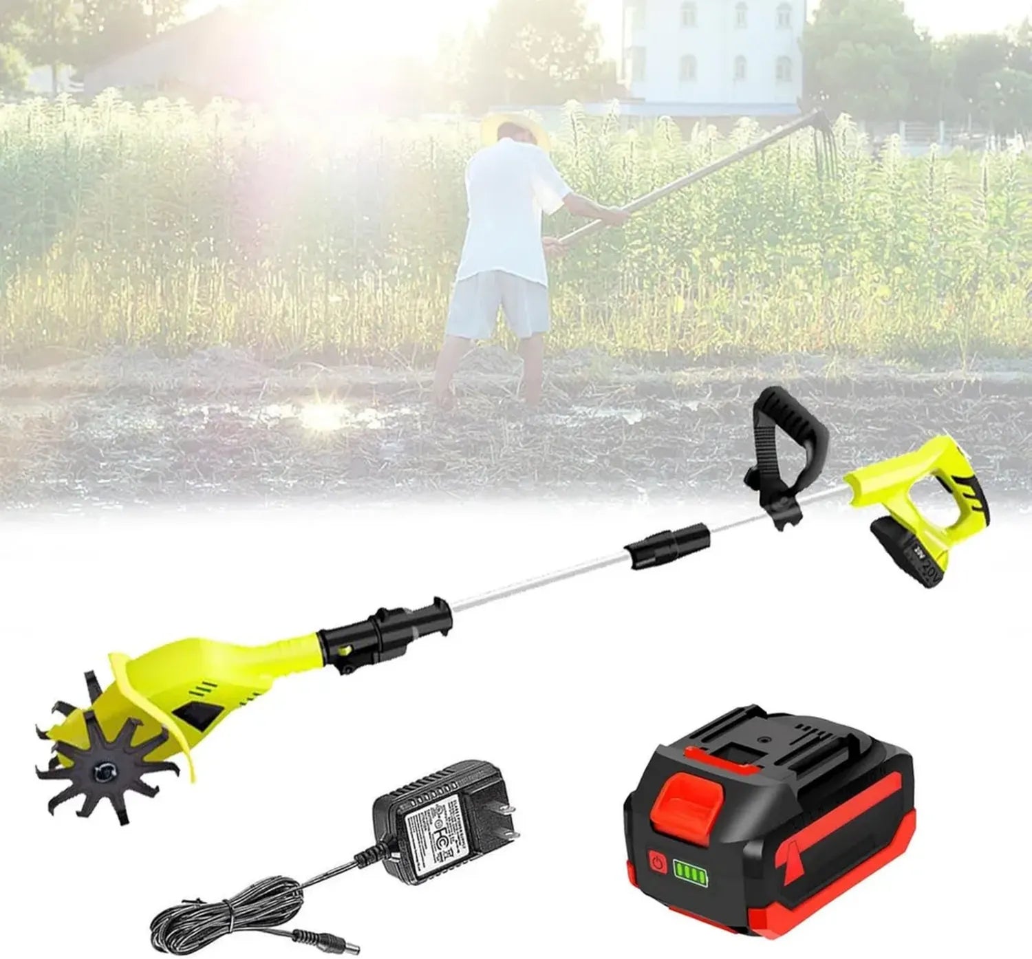 Motoculteur Électrique Sans Fil, Largeur 10,5 cm, Profondeur 25 cm, Poignée Réglable 97-127 cm