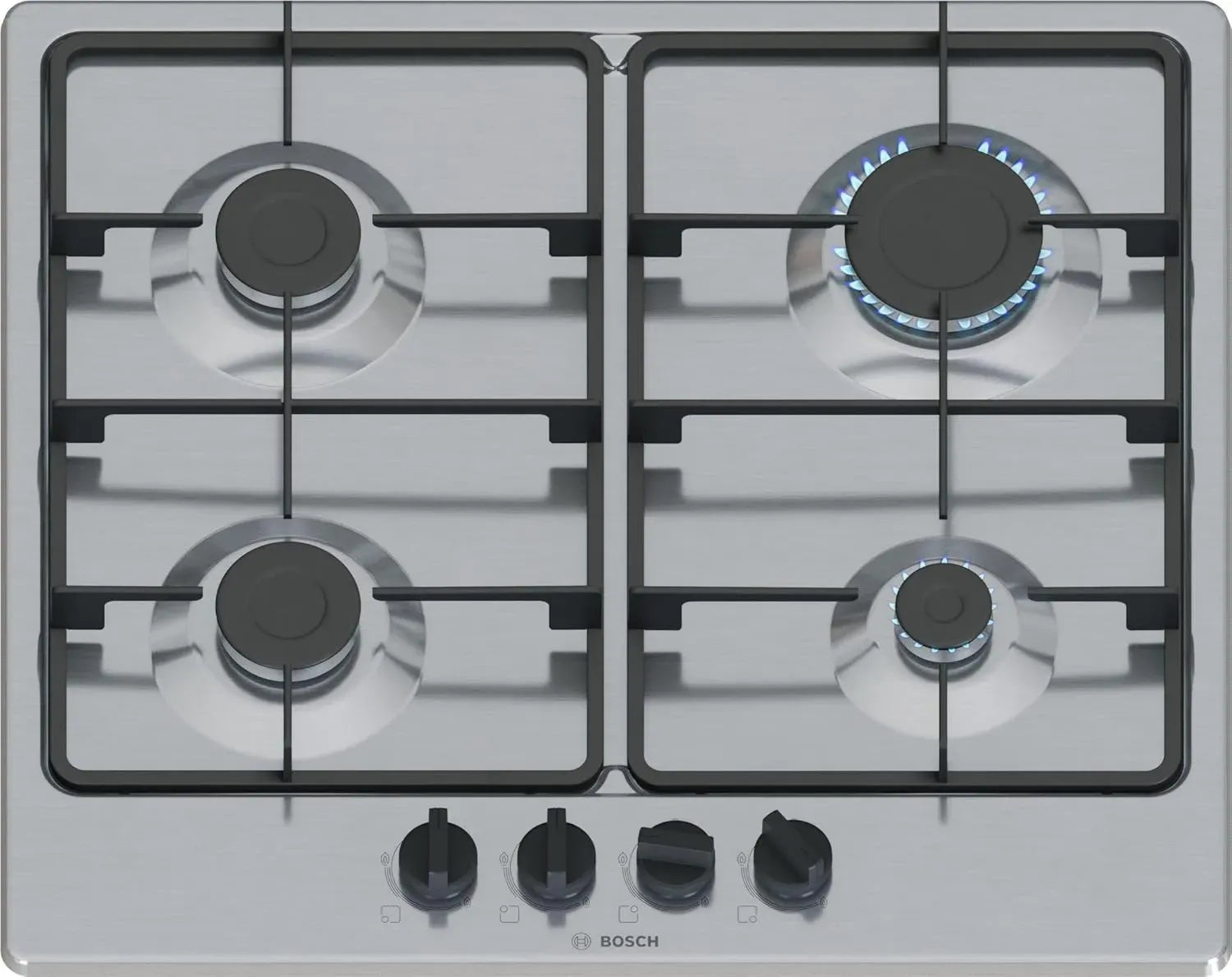 Plaque de cuisson gaz Bosch Serie 4, 4 foyers, commande ergonomique, acier inox, 60 cm