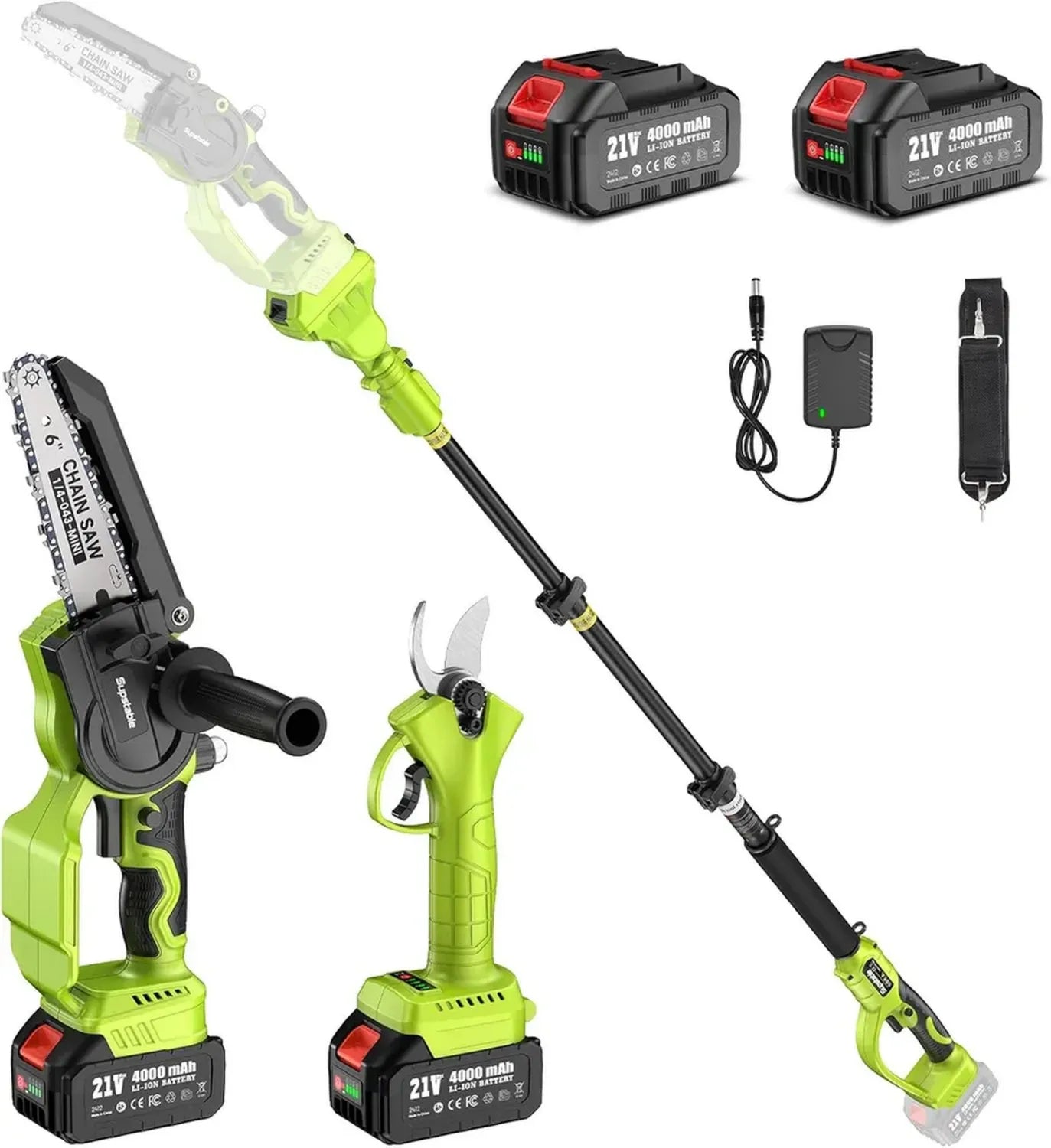 Scie à Chaîne Mini 6 Pouces et Sécateur Télescopique Électrique, Outil d'Élagage 4 en 1 avec Batterie 4000 mAh, Portée 4,6 m