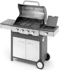 Barbecue à gaz en acier inoxydable avec cuisinière latérale et thermomètre, grilles en fonte émaillée, 4 brûleurs, armoire intégrée