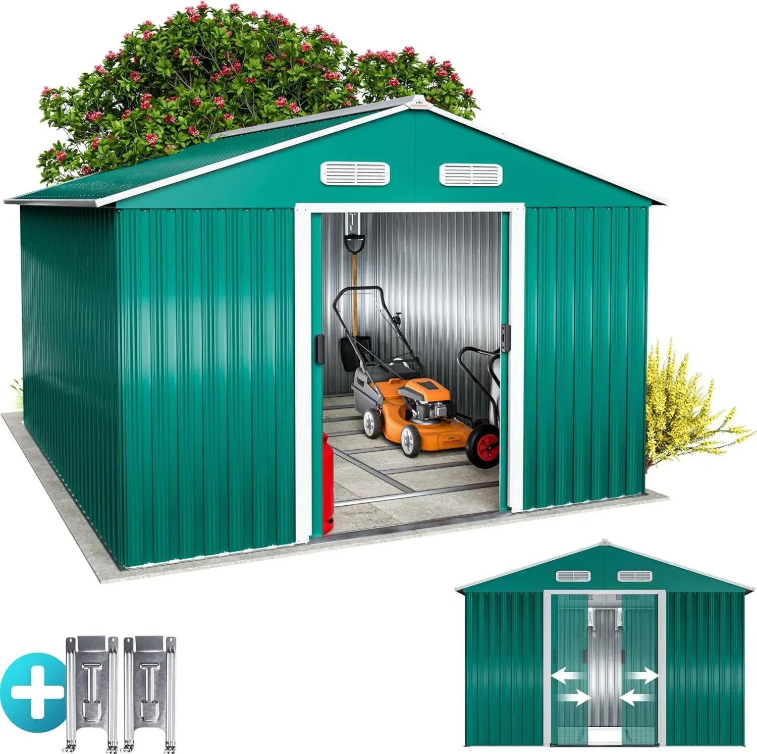 Abri de Jardin Métal XXL avec Fondation et Portes Coulissantes 8m² - Vert