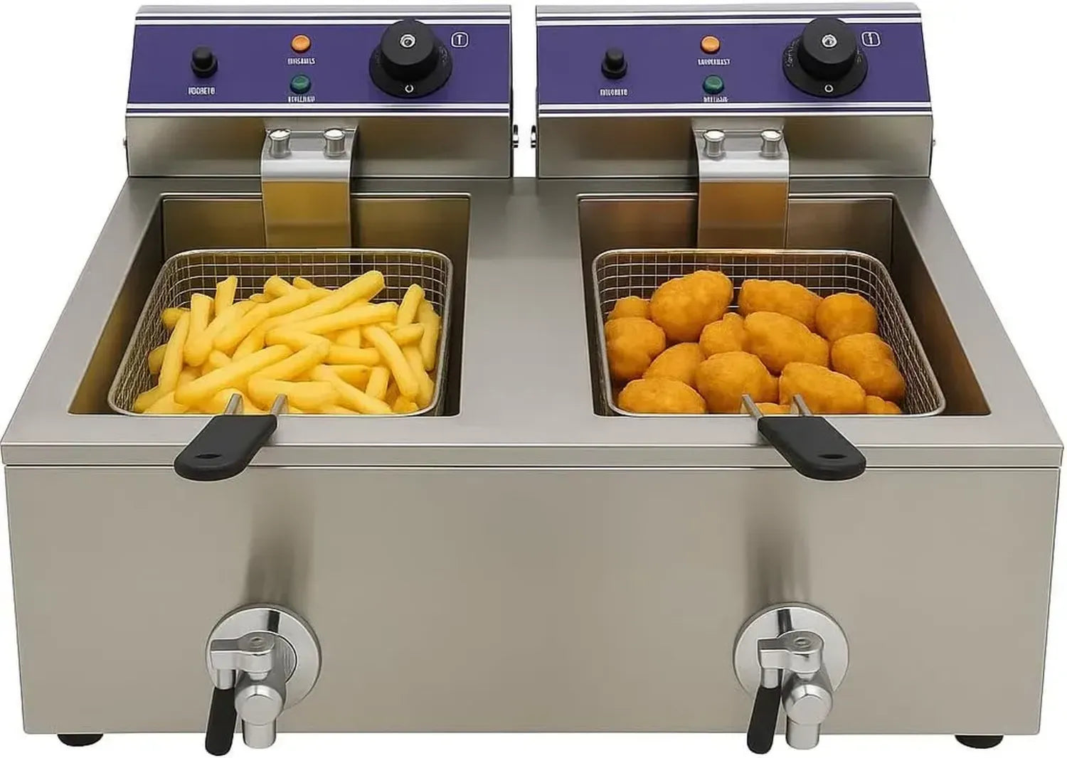 Double Friteuse Professionnelle 2 x 6L en Inox avec Vidange et Thermostat Réglable 50-200°C - 7200W - Sécurité Optimisée - 220V pour Snack et Restauration Rapide