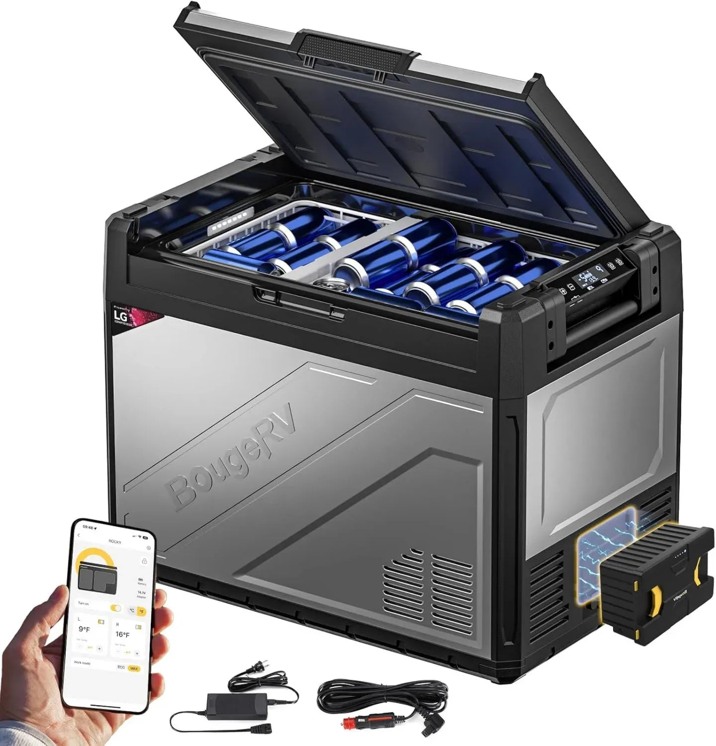 Glacière Portable 65L BougeRV Avec Batterie 173 Wh, Dual Zone, Réfrigérateur Congélateur -20°C