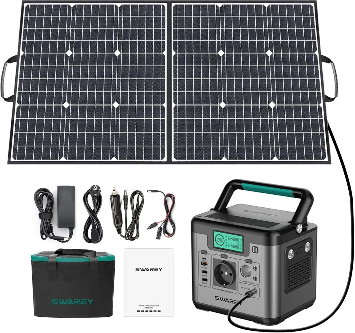 Centrale Électrique Portable 518Wh avec Panneau Solaire Pliable, Sorties AC/USB/Type-C/QC 3.0