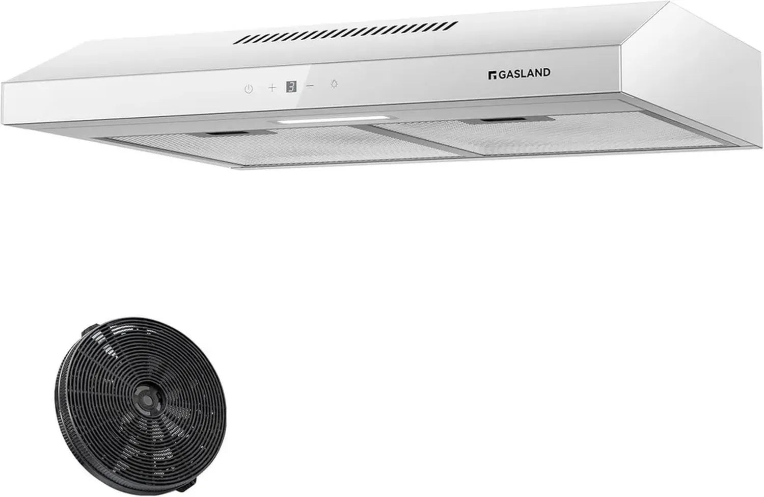 Hotte de Cuisine 60 cm GASLAND SR60WS, Silencieuse 214 m³/h, 3 Vitesses, Filtre à Charbon Inclus, Métal Blanc et Verre